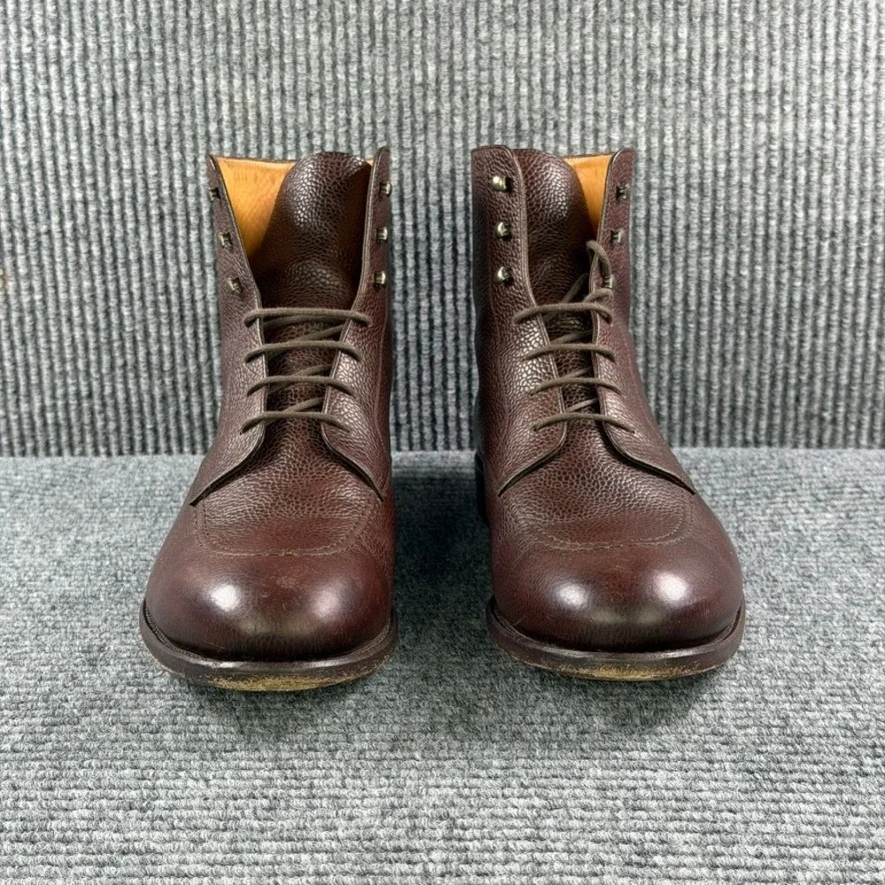 Octobre Editions Mens 45 Brown Pebble Grain Leather Lace Up Apron Toe Boots